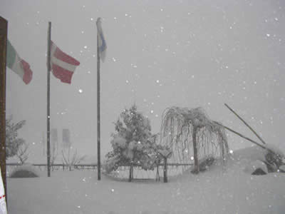 Le bandiere delle Macinaie sotto la nevicata